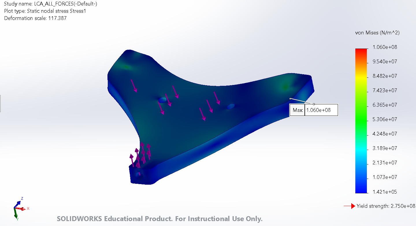 Control arm under vertical bump with shock, von Mises